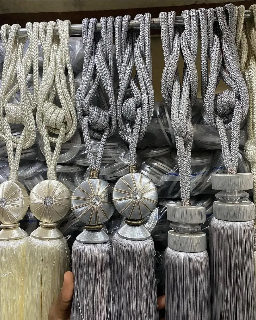 Rows of silver tassel tie-backs
