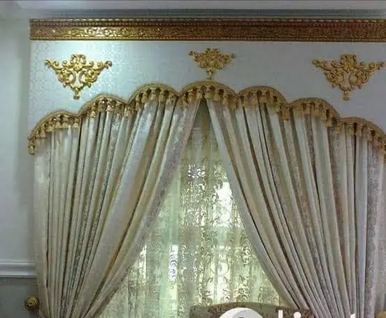 Gold valance with cream drapes