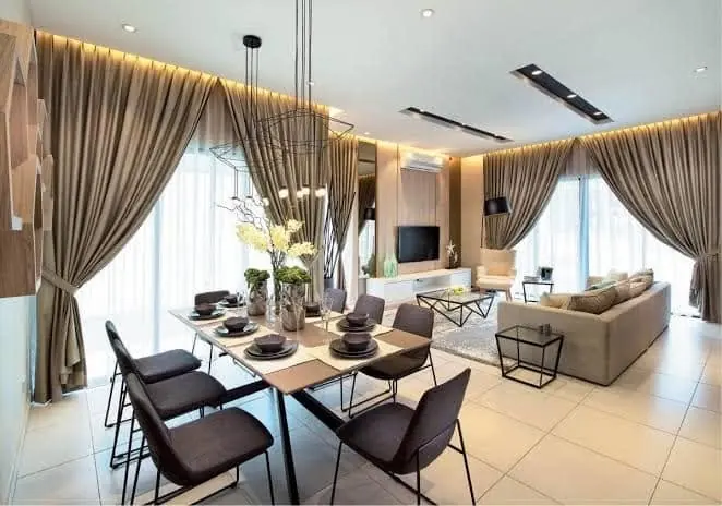 Dining room with floor-length curtains