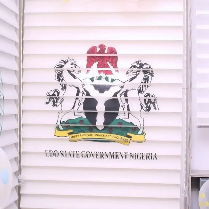 Edo State Government seal printed on a zebra blind