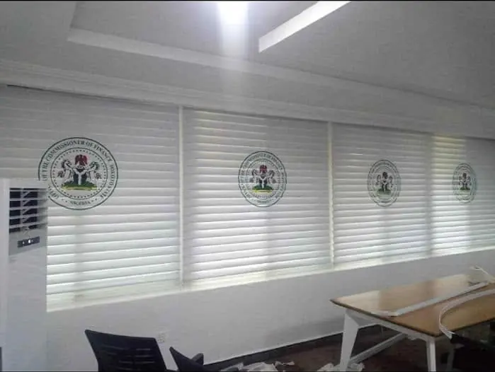 Row of sealed blinds in a government office