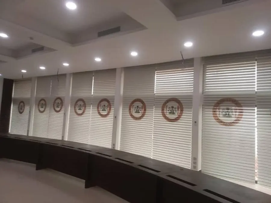Printed seals along a boardroom window